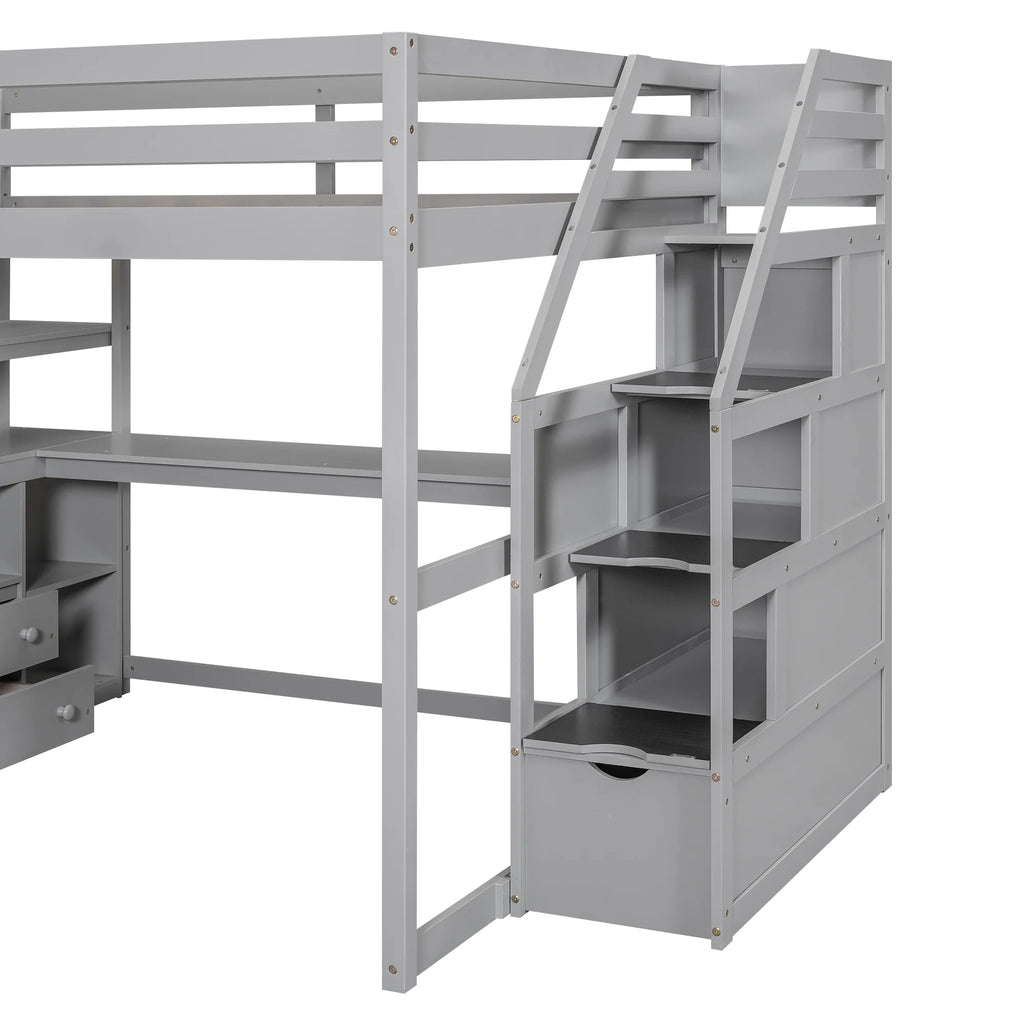 Full Wood Loft Bed with Desk, Storage Stairs, Two Drawers C833