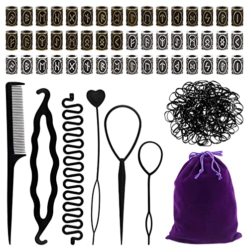 300Pcs Viking Rune Beads Hair Beard Beads Set including 5Pcs Black Pull Hairpin Quick Beader Hairpins and 200Pcs Black Rubber Bands with a Bag U339