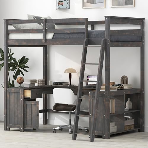 Full Size Solid Wood Loft Bed with Desk and Storage Drawers (White) H419763