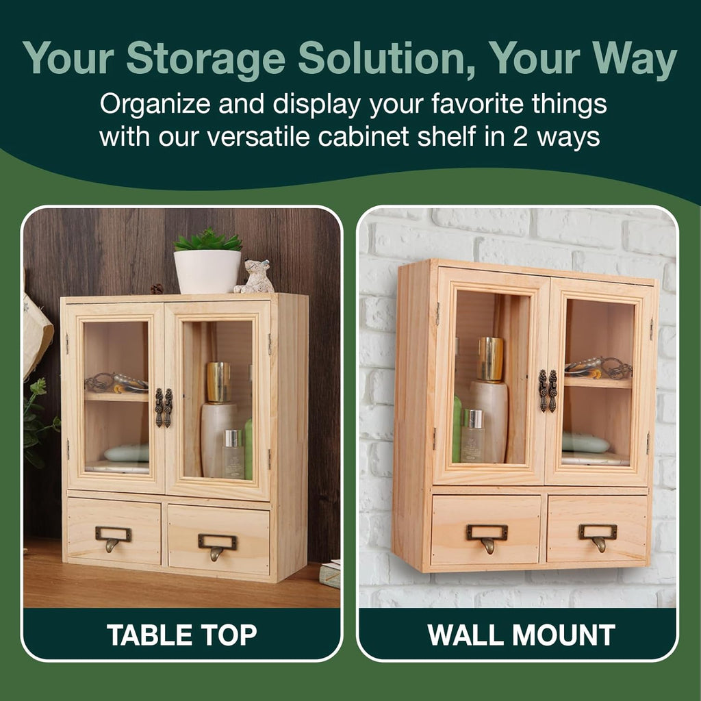 Mini Table Top Storage Cabinet with Clear Glass Doors, 2 Bottom Drawers, Light Wood Grain A117