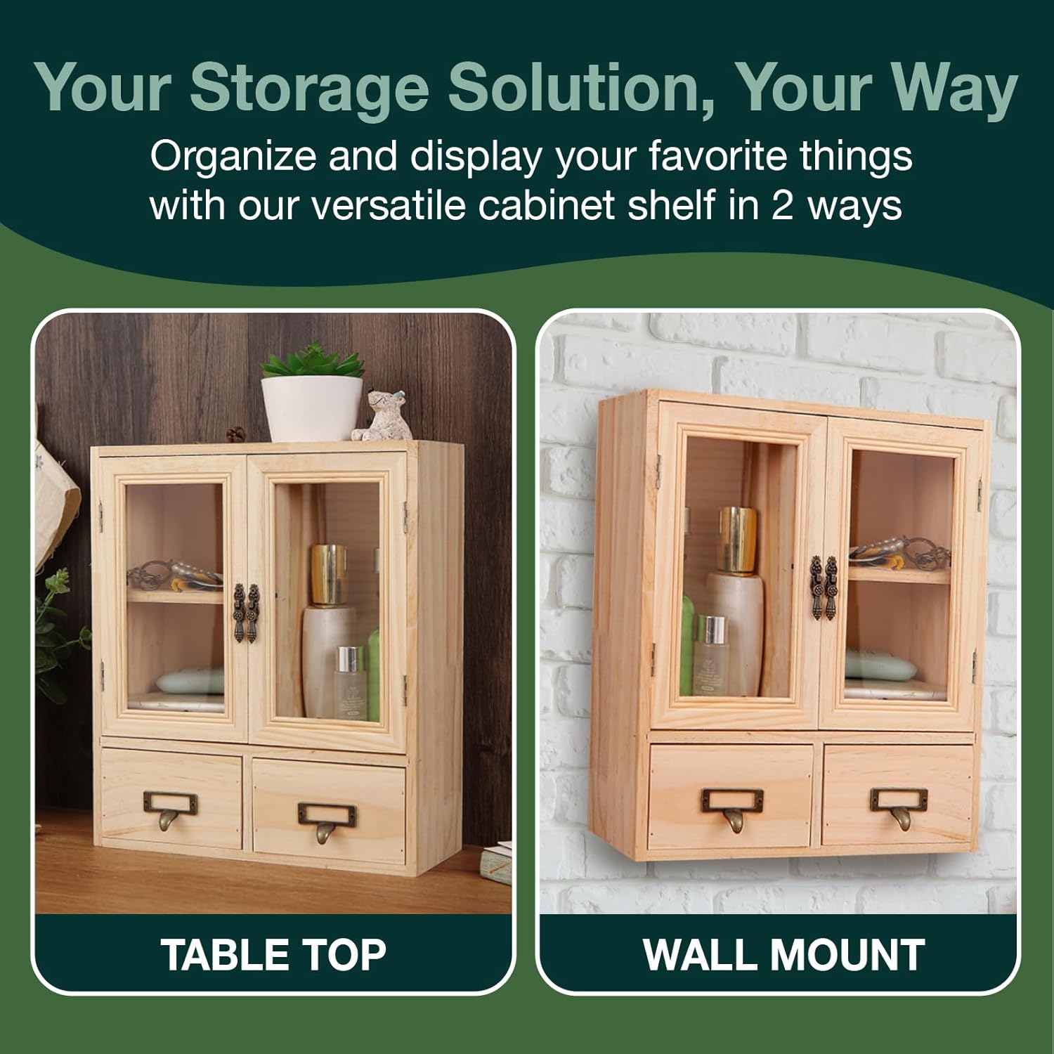 Mini Table Top Storage Cabinet with Clear Glass Doors, 2 Bottom Drawers, Light Wood Grain A117
