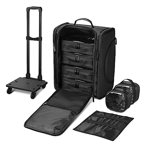 Black Rolling Makeup Train Case Soft Sided Cosmetic Storage Organizer Carry on Travel with Removable Side Pocket Bag A7412