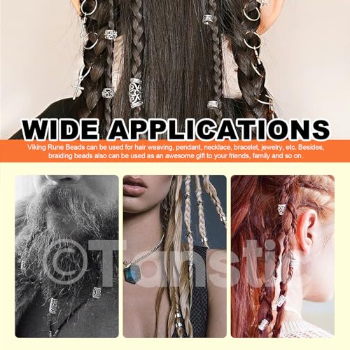 300Pcs Viking Rune Beads Hair Beard Beads Set including 5Pcs Black Pull Hairpin Quick Beader Hairpins and 200Pcs Black Rubber Bands with a Bag U339