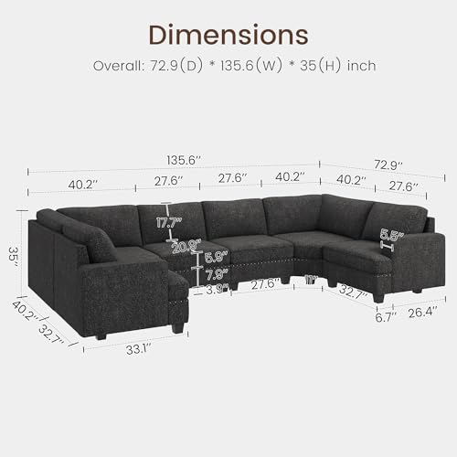 Oversized Modular Sectional Sofa, 135.6 inch, Dark Grey Z182