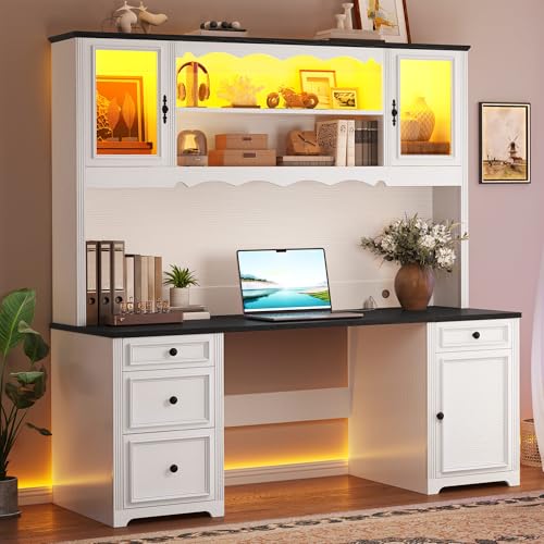 White & Black Executive Desk with Hutch and Drawers, Power Outlet & LED Lights, Storage Shelves, Storage Cabinet with Glass Door C7381