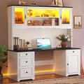 White & Black Executive Desk with Hutch and Drawers, Power Outlet & LED Lights, Storage Shelves, Storage Cabinet with Glass Door C7381