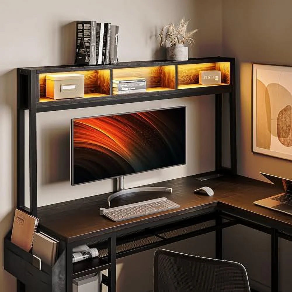 Computer Desk with Monitor Stand and File Cabinet, 104" Long L-Shaped Desk with RGB LED Lights and USB AC Outlet D5700