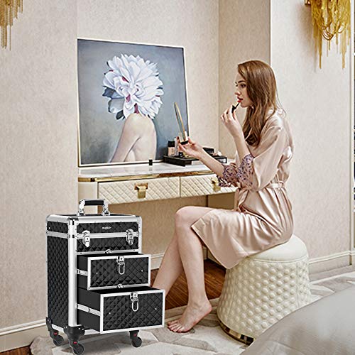 Red Rolling Makeup Train Case with 4 Removable Wheels & 2 Sliding Drawers T19995