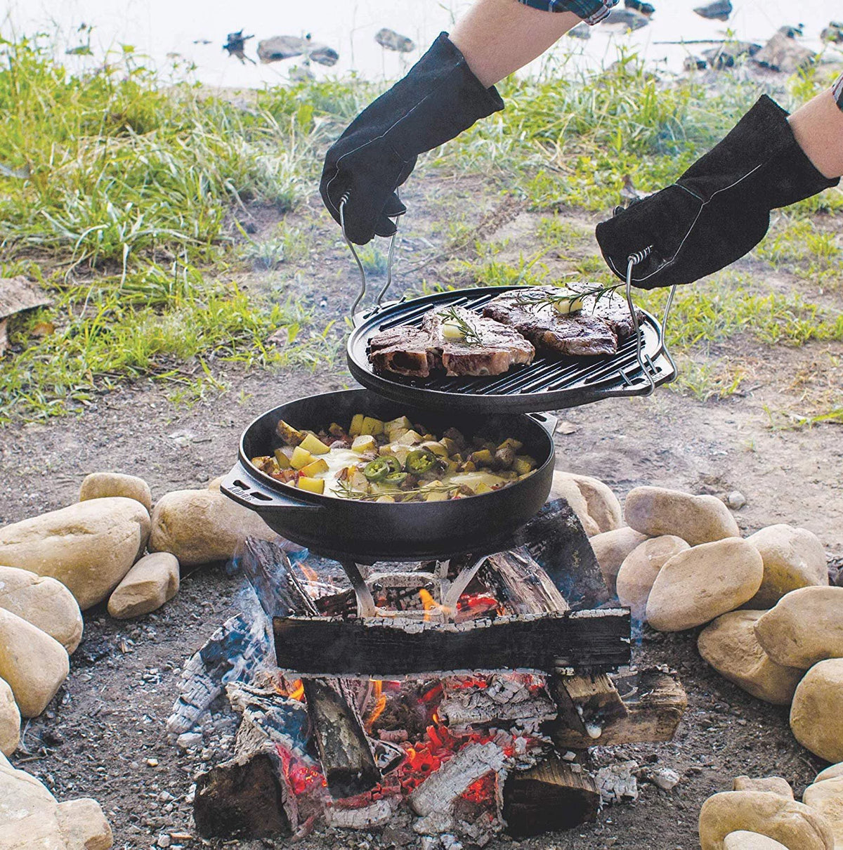 Five-Piece Cast Iron Set with Reversible Grill/Griddle 14 Inch and 6.8 Quart Bottom/Wok E638