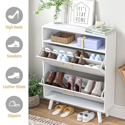 White Slim Shoe Cabinet with 2 Flip Drawers and Open Shelf E28522