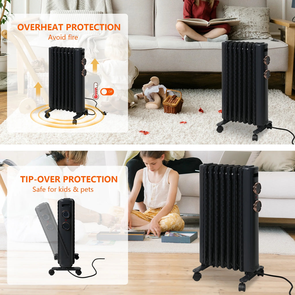 Oil Filled Radiator Heater with 3 Heating Modes, Adjustable Thermostat, Universal Wheels, Black&Gray S415