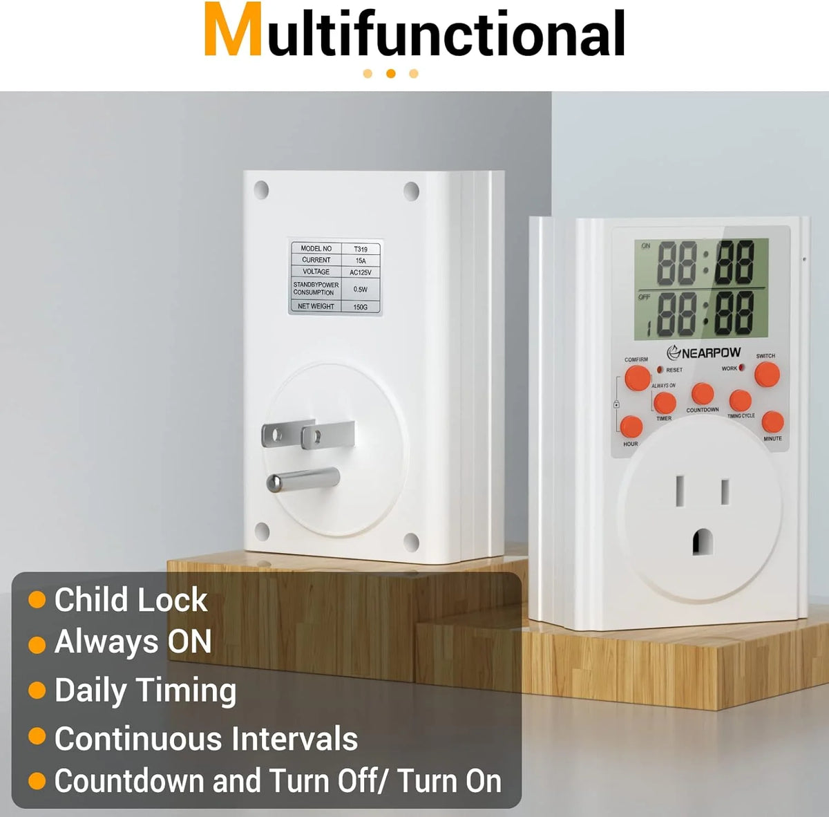 Programmable Digital Timer Switch with 3-Prong Outlet, 15A/1800W V9649