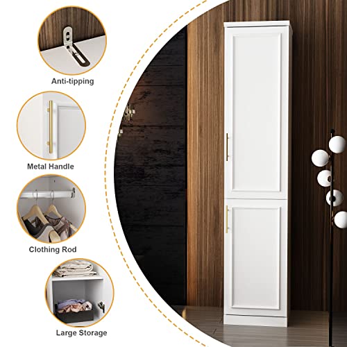 White 2 Door Tall Narrow Wardrobe Closet with Hanging Rod O897