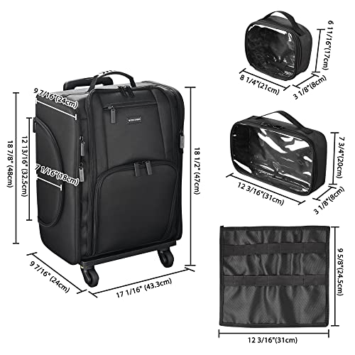 Black Rolling Makeup Train Case Soft Sided Cosmetic Storage Organizer Carry on Travel with Removable Side Pocket Bag A7412
