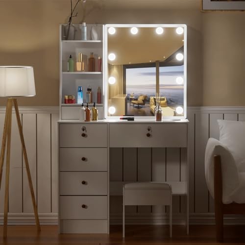 White Vanity Desk with Mirror, Lights, and Drawers with Cushioned Stool S2103