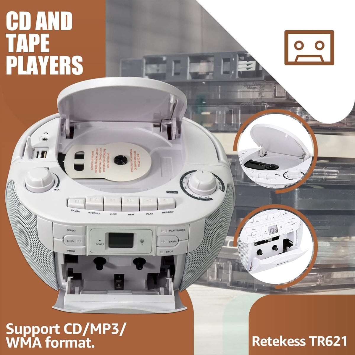 White Portable CD and Cassette Player Boombox with AM FM Radio H2971