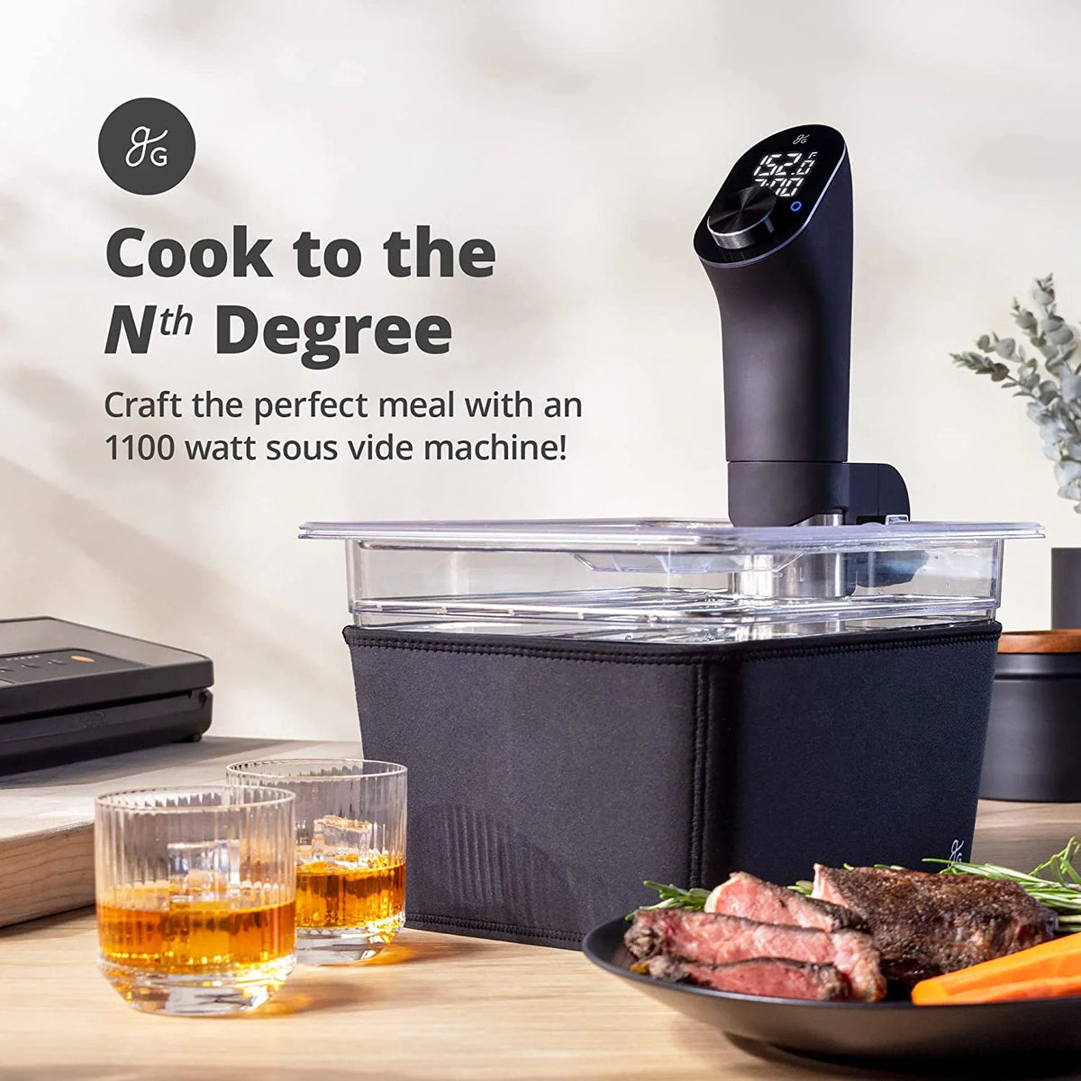 1100 Watt Sous Vide Cooker with Plastic Container, Lid, and Neoprene Sleeve C221215