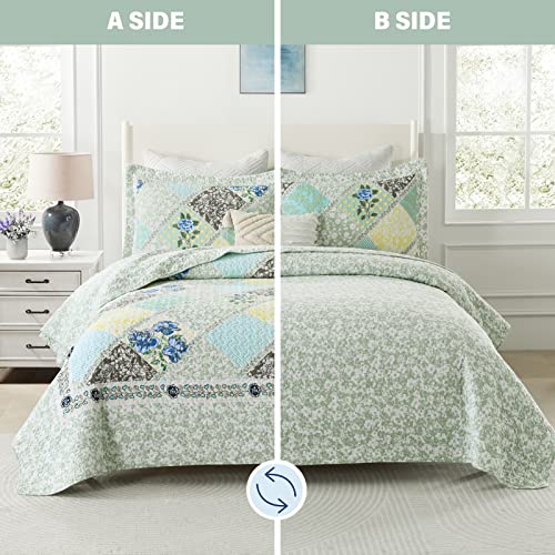 Blue Grey 100% Cotton Queen Size 3-Pieces Quilt Bedding Set O789500