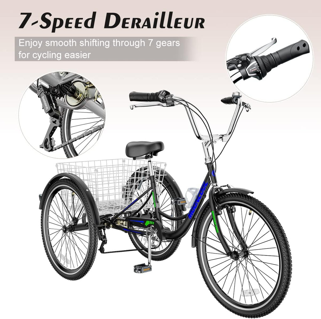 26" Black with Blue 7 Speed 3 Wheel Adult Tricycle with Basket F61544