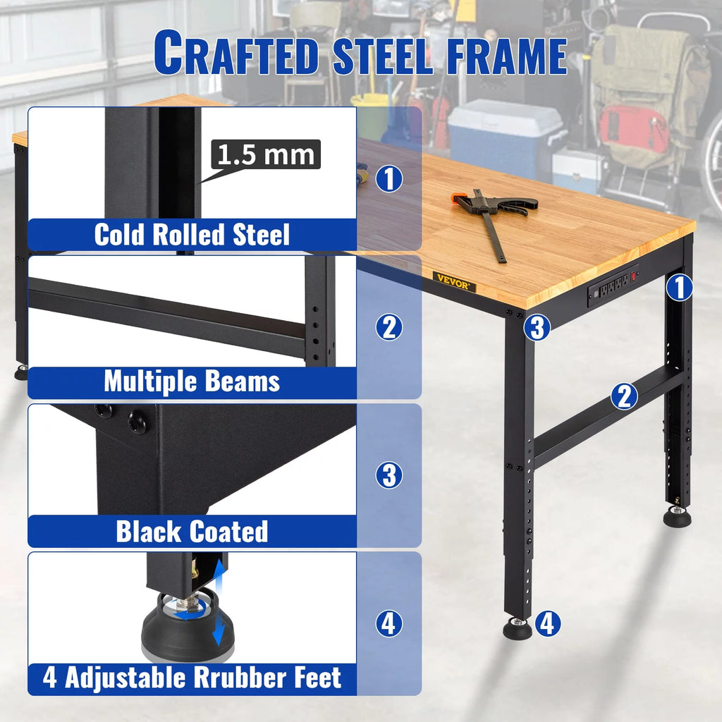 Adjustable Height Workbench with Power Outlets and Hardwood Top F128