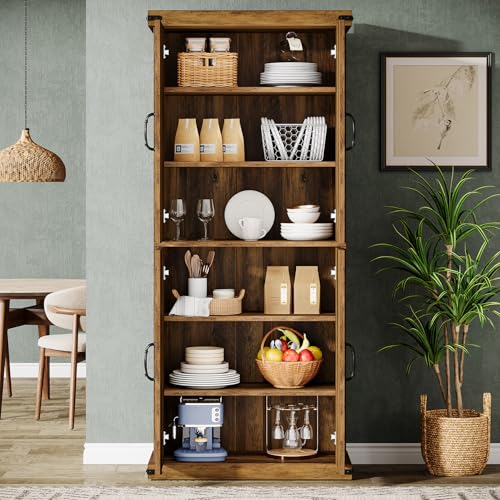 71" Tall Kitchen Pantry, Farmhouse Storage Cabinet with Barn Doors and Adjustable Shelves, Rustic Wooden Cupboard, Brown S3407