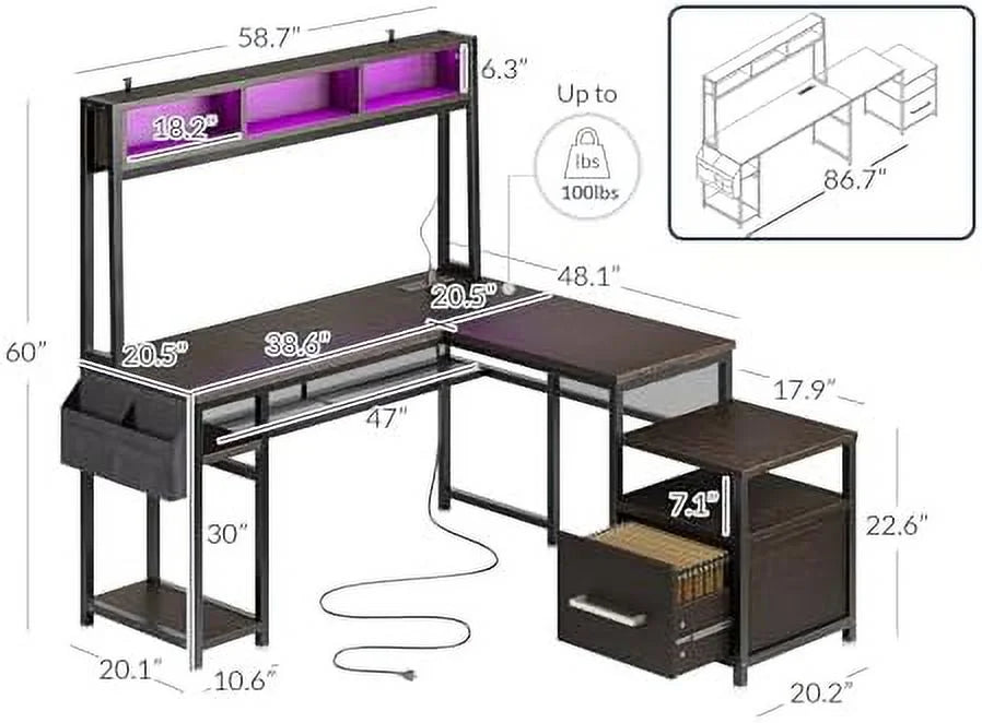 Computer Desk with Monitor Stand and File Cabinet, 104" Long L-Shaped Desk with RGB LED Lights and USB AC Outlet D5700