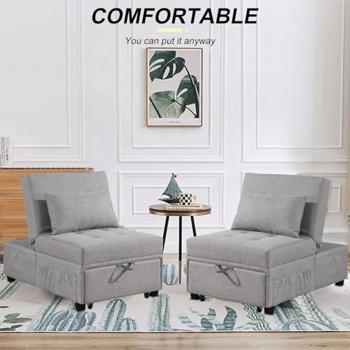 4 in 1 Convertible Linen Fabric Sleeper Chair Bed Ottoman with Adjustable Backrest & Pillow S54756