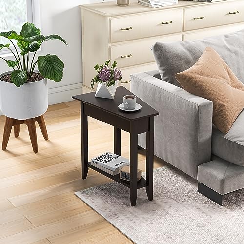 Espresso Wedge End Table with Storage Shelf and Solid Wood Legs W98822
