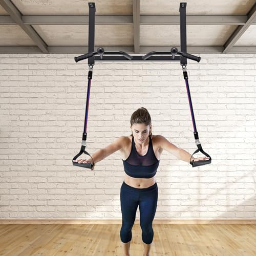 32" Ceiling Mounted Heavy Duty Pull Up Bar with Punching Bag Hanger and Resistance Bands C46598