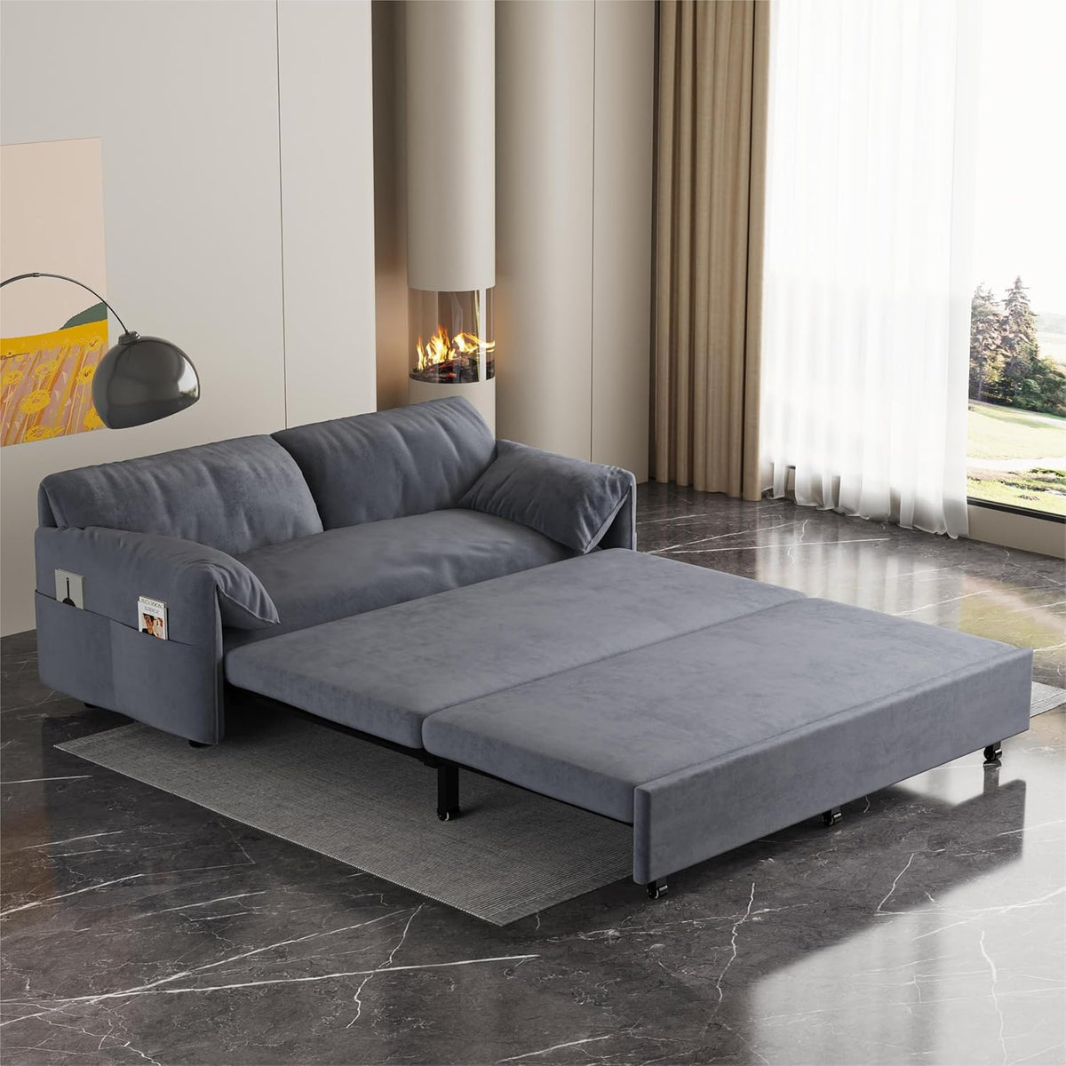 63.8" Queen Pull Out Velvet Sofa Bed with 2 Pillows Y3833