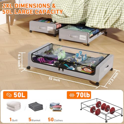 Black 2-Pack 60L Under Bed Storage Containers with Wheels and Clear Lids A895