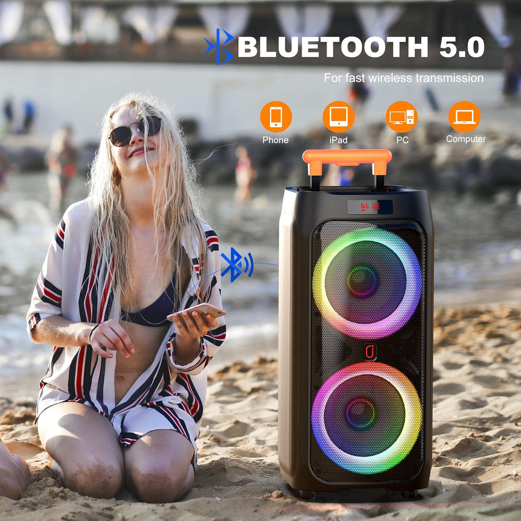 Karaoke Machine with 2 Wireless Microphones, 8" Bluetooth Party Speaker with DJ Light, Rolling Wheels and Trolley P1632