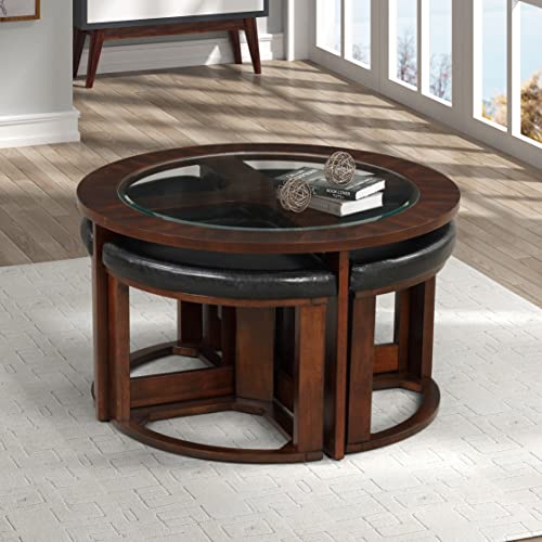 Solid Wood Glass Top Round Coffee Table with 4 Stools E867633