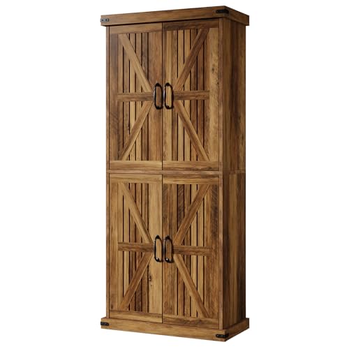 71" Tall Kitchen Pantry, Farmhouse Storage Cabinet with Barn Doors and Adjustable Shelves, Rustic Wooden Cupboard, Brown S3407