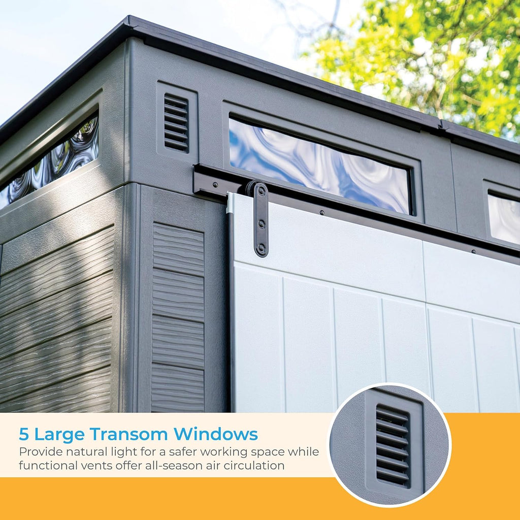 Gray and Black 10 Foot by 7 Foot Outdoor Plastic Storage Shed with Sliding Barn Door A552
