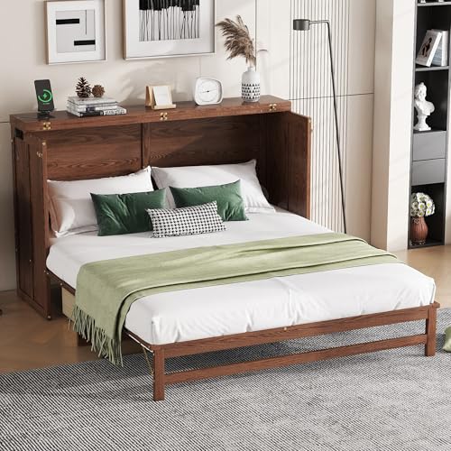 Queen Size Walnut Cabinet Murphy Bed with Drawer V4040
