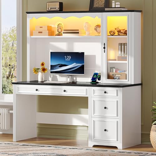 White & Black Executive Desk with Hutch and Drawers, Power Outlet & LED Lights, Storage Shelves, Storage Cabinet with Glass Door C7381