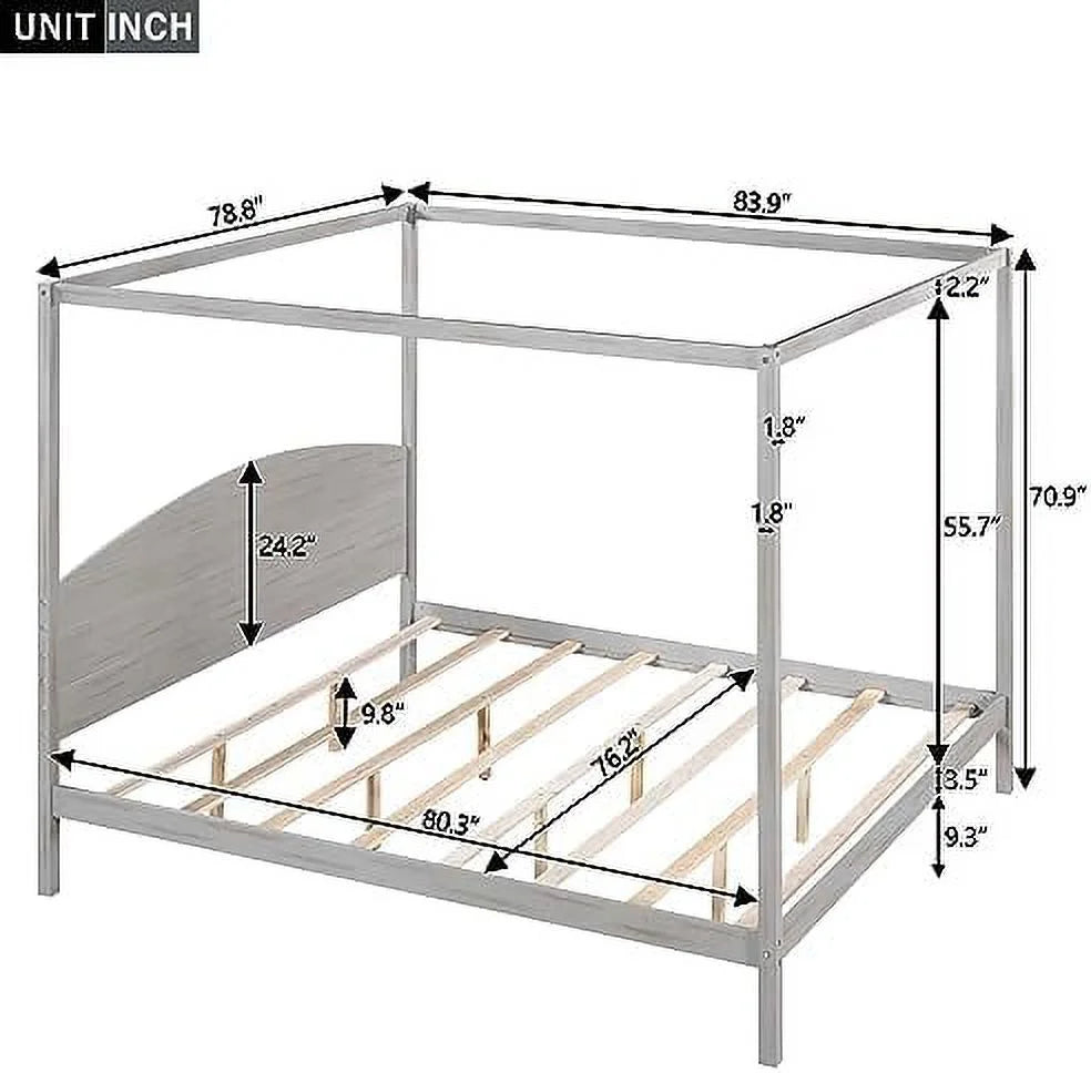 White Queen Size 4-Poster Wood Canopy Bed Frame with Headboard D949020
