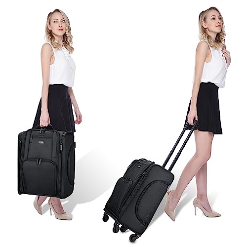 Black Rolling Makeup Train Case Soft Sided Cosmetic Storage Organizer Carry on Travel with Removable Side Pocket Bag A7412