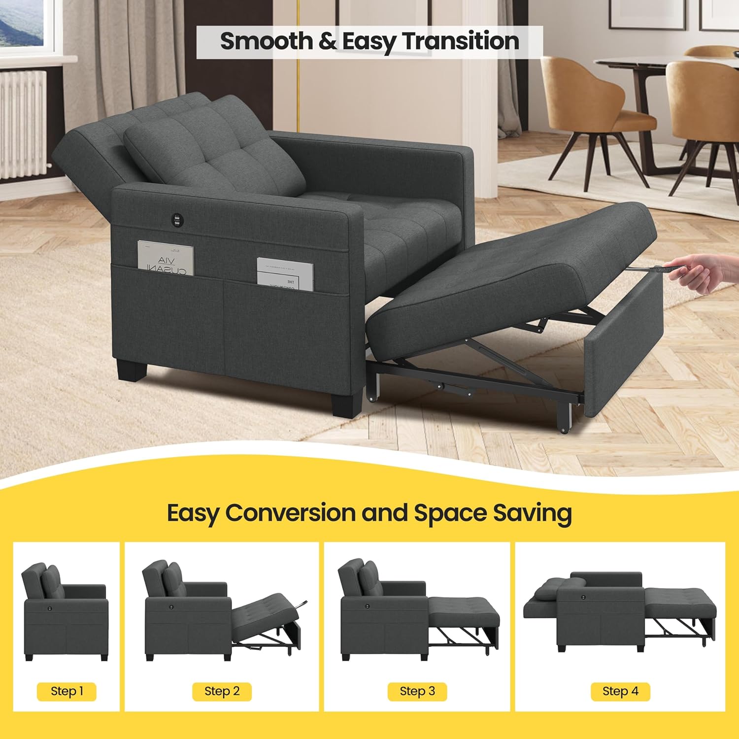 Dark Gray Fabric Convertible Futon Sofa Chair T527300