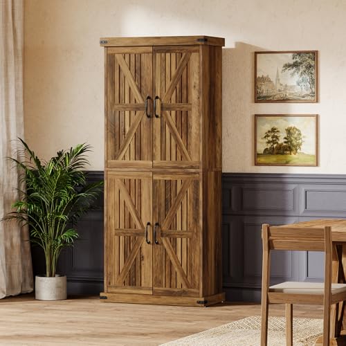 71" Tall Kitchen Pantry, Farmhouse Storage Cabinet with Barn Doors and Adjustable Shelves, Rustic Wooden Cupboard, Brown S3407