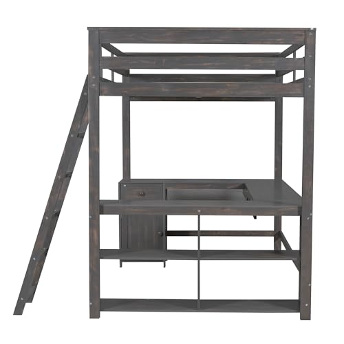 Full Size Solid Wood Loft Bed with Desk and Storage Drawers (White) H419763