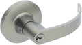Satin Brass Lever Round Rose Storeroom N125157