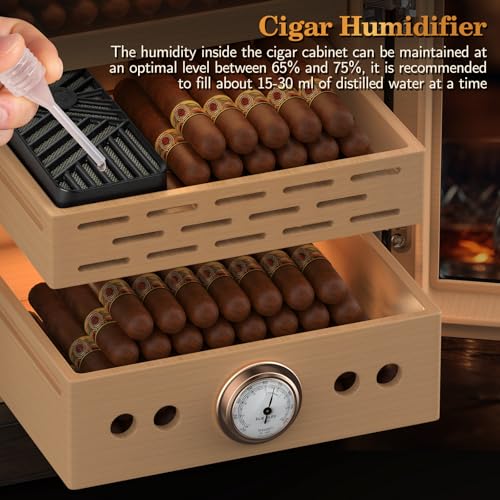Lighted Magnetic Door Desktop Cigar Humidor Cabinet with Drawer, 3 Layer, Brown K8154
