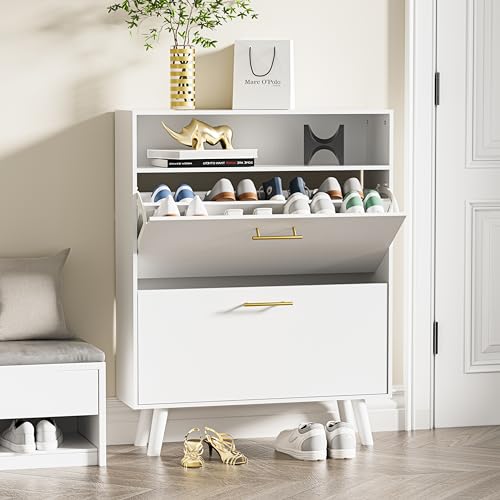 White Slim Shoe Cabinet with 2 Flip Drawers and Open Shelf E28522