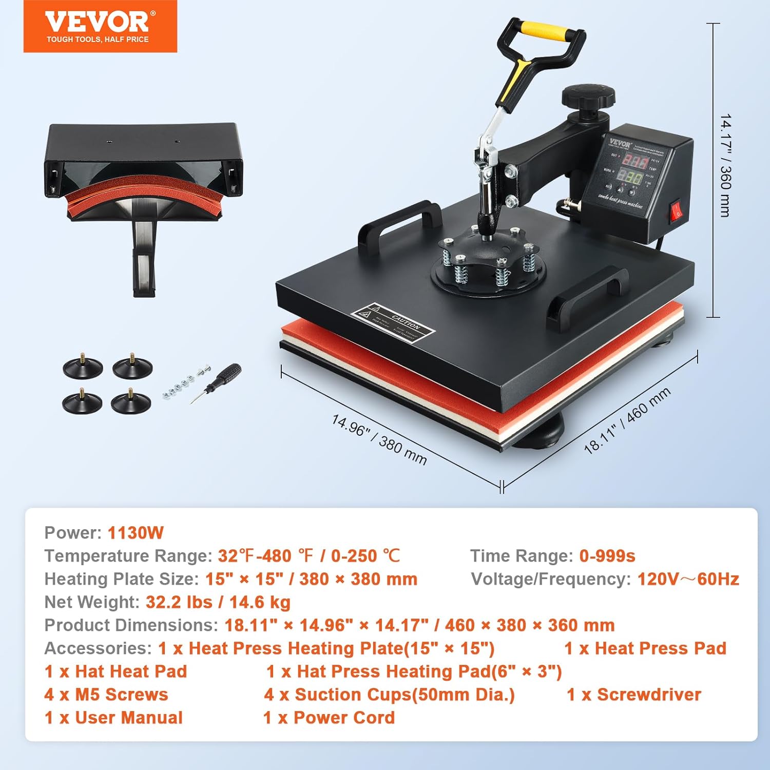 15x15 Heat Press Machine with Hat Press, 360° Swing Away Digital Tshirt Press Machine J971733