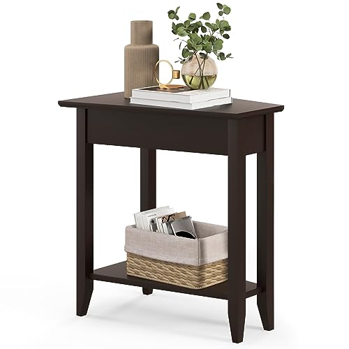 Espresso Wedge End Table with Storage Shelf and Solid Wood Legs W98822