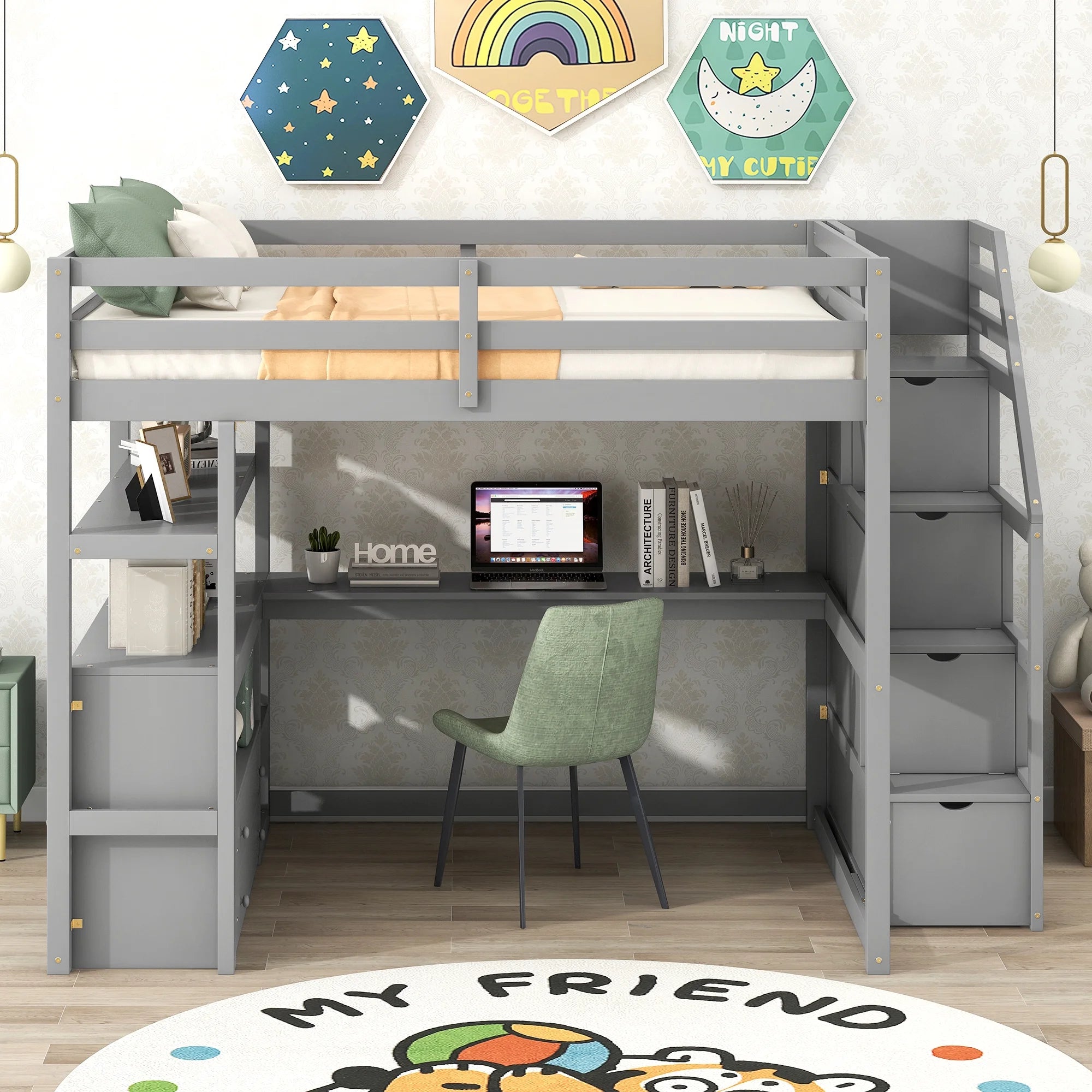 Full Wood Loft Bed with Desk, Storage Stairs, Two Drawers C833