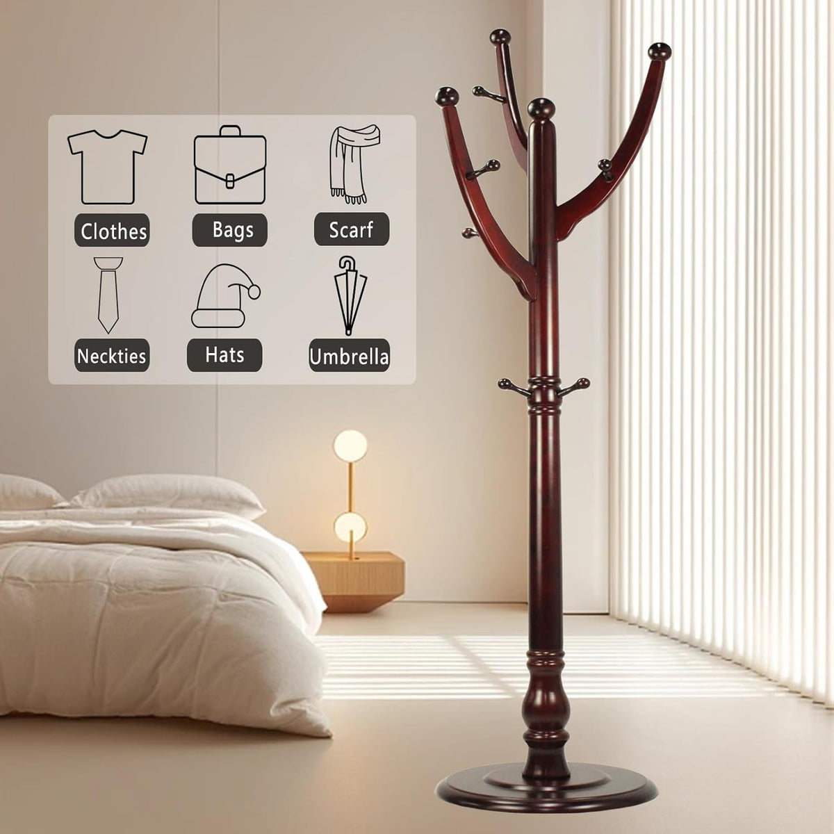Freestanding Wood Coat Rack with 11 Hooks O7083