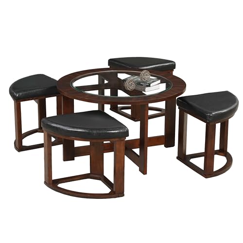 Solid Wood Glass Top Round Coffee Table with 4 Stools E867633